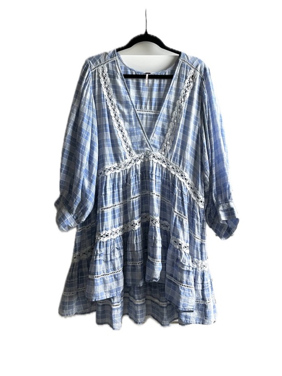 Free People Dresses & Skirts - FREE PEOPLE Light Blue Plaid Lace Trim Babydoll Tunic Dress Size-L